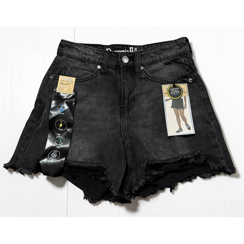 Organic Blue‎ Black Denim Cutoff Shorts Size 1 Distressed Raw Hem